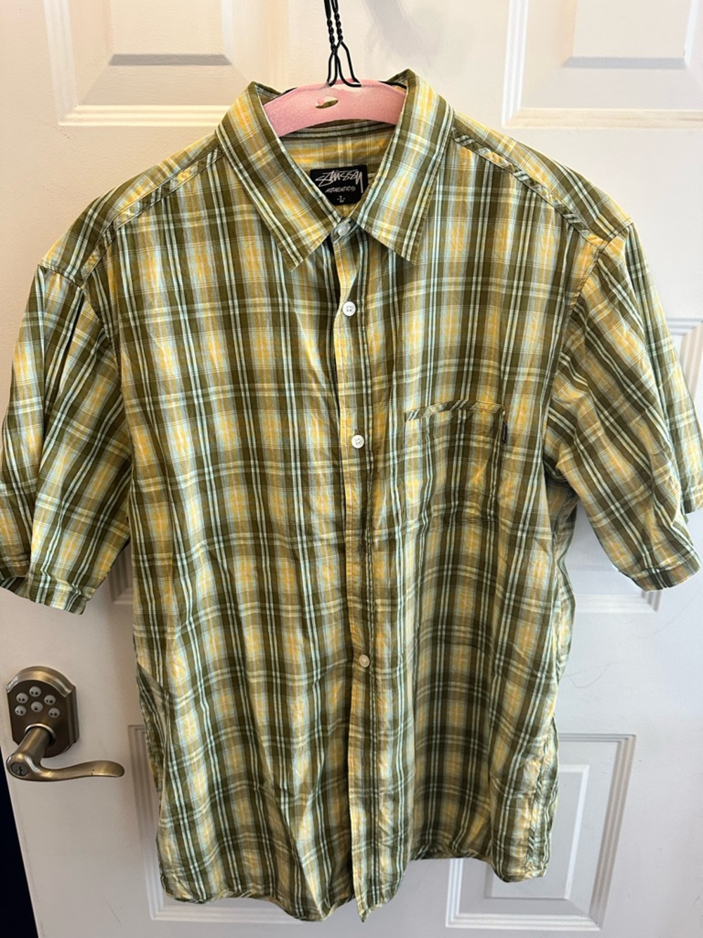 Stussy Olive and Yellow Plaid Short-Sleeve Button-Up Shirt